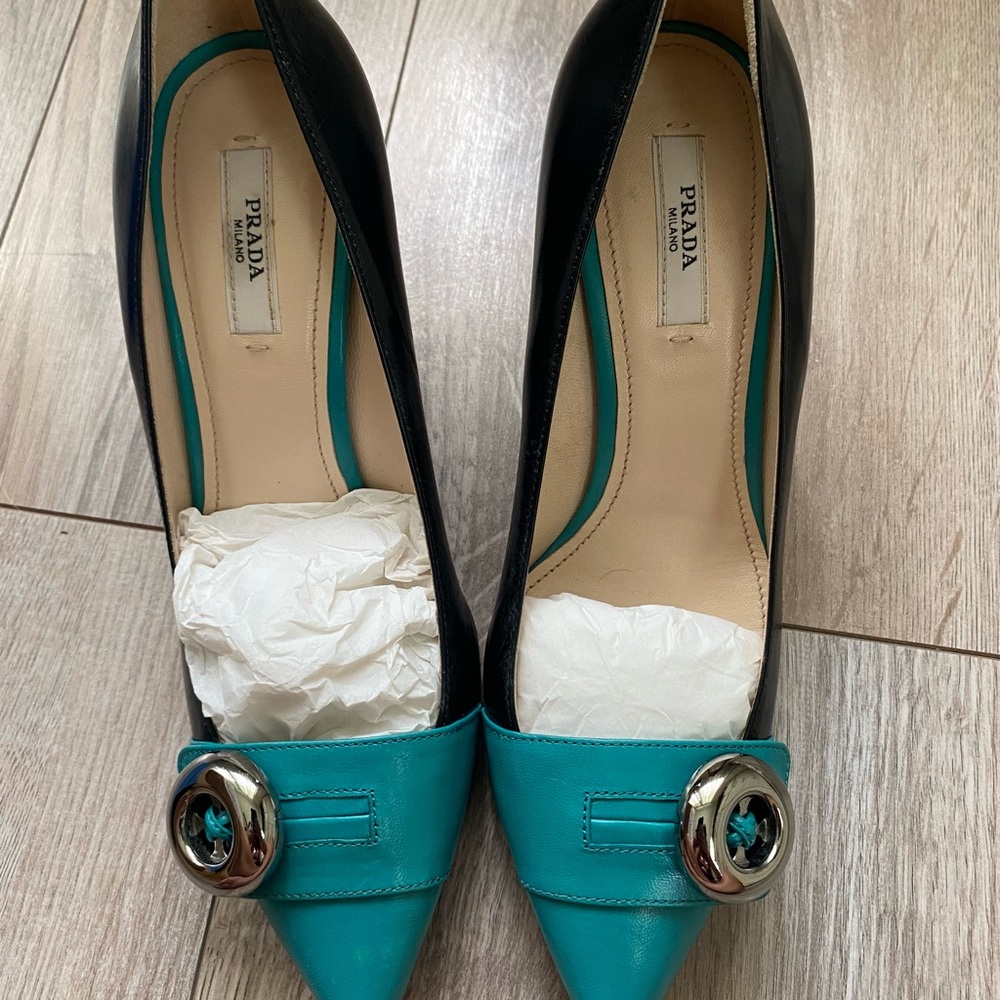 Prada Teal and Black Heels